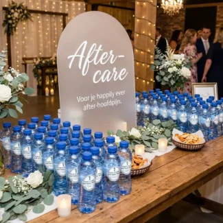 Anti kater water flesjes op een grab & Go tafel met een tekstbordje