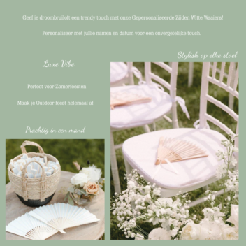 Gepersonaliseerde Witte Waaiers als Bruiloft Bedankje in Mand en op Stoelen