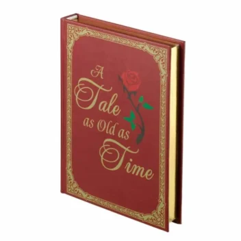 Rood Fairy Tale Storybook ringdoosje met gouden opdruk "A Tale as Old as Time" en een roos