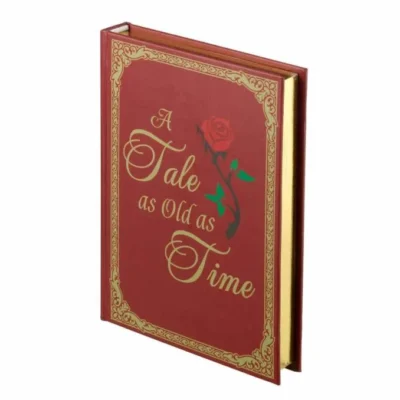 Rood Fairy Tale Storybook ringdoosje met gouden opdruk "A Tale as Old as Time" en een roos