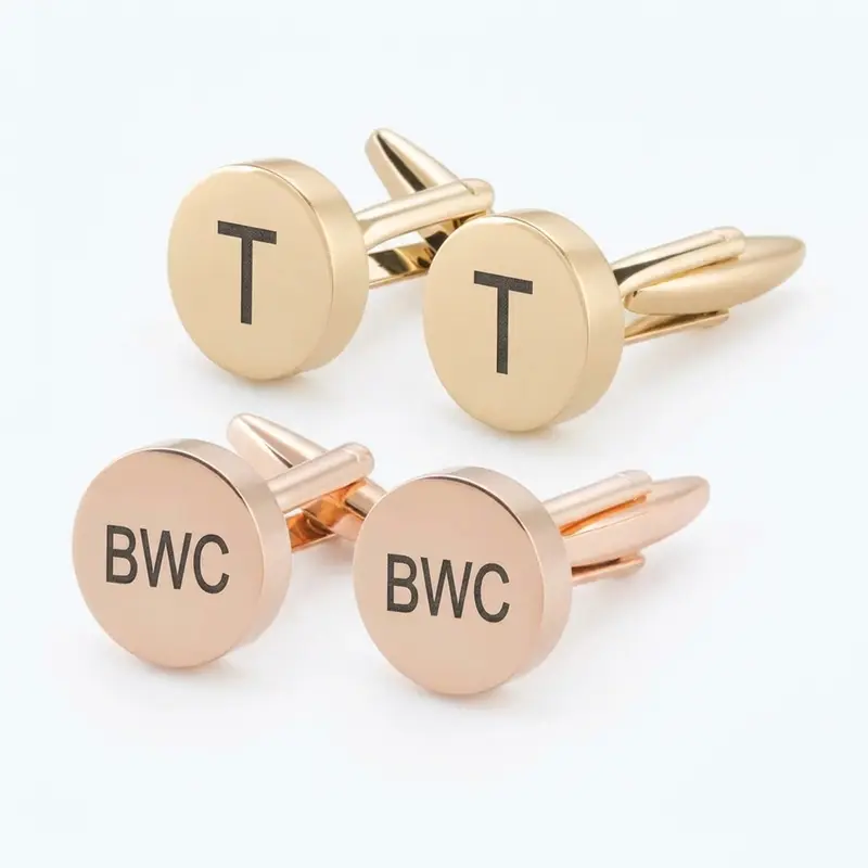 manchetknopen initialen goud en rosé goud Ronde manchetknopen met initialen in goud met letter T en rosé goud met initialen BWC, beide sets op witte achtergrond