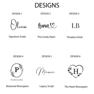 Overzichtskaart met 6 verschillende gouden personalisatie-designs voor de witte sieradenbox: Signature Script, Lovely Heart, Modern Initialen, Botanical Monogram, Legacy Script en The Heart Monogram.