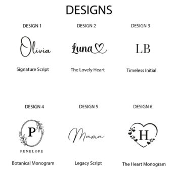 Overzichtskaart met 6 verschillende gouden personalisatie-designs voor de witte sieradenbox: Signature Script, Lovely Heart, Modern Initialen, Botanical Monogram, Legacy Script en The Heart Monogram.