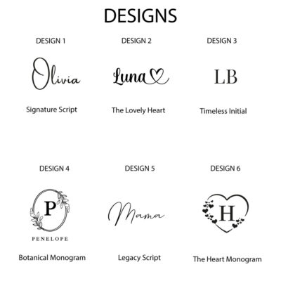 Overzichtskaart met 6 verschillende gouden personalisatie-designs voor de witte sieradenbox: Signature Script, Lovely Heart, Modern Initialen, Botanical Monogram, Legacy Script en The Heart Monogram.