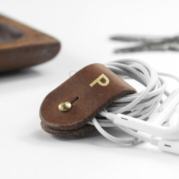 monogrammed leather earphones holder per3322 tan