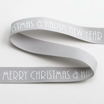 Merry Christmas & Happy New Year Lint Zilver Grosgrain - 16 mm x 5 M