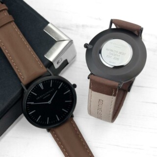 mens modern vintage personalised watch with black face in brown per2994 san