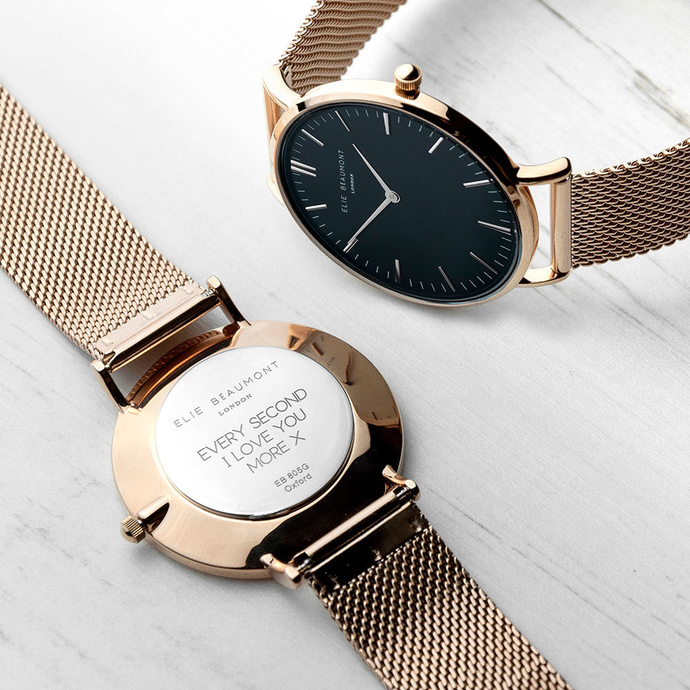 personalised rose gold mesh strapped watch with black dial per2670 san