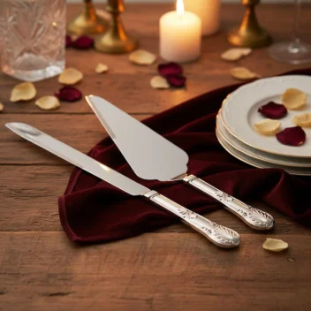 Zilveren taartschep graveren bruiloft set roestvrij staal met verzilverd handvat op romantische tafel