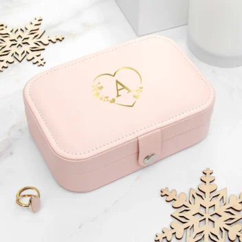 Blush pink sieradendoosje PU-leer 16x11x5.2cm met gepersonaliseerde naam, designs, ringhouder en oorbel-vakjes