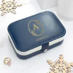 Midnight Blue Reis Sieradendoosje met Design Botanical Monogram in Goud Personalisation