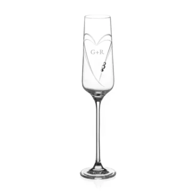 Romantische Champagneglazen met gravure initialen en Swarovski voor bruiloft