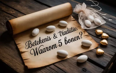Een vintage perkamentrol met de tekst 'Waarom 5 bonen?' omringd door vijf witte amandelbonen en goudkleurige chocolade harten in folie.