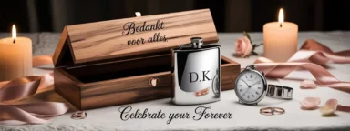 Banner met gepersonaliseerde cadeaus voor bruiloftsgetuigen, waaronder een gegraveerde wijnkist, heupflacon en luxe horloge, op een witte linnen achtergrond met gouden en zilveren accenten en kaarslicht.