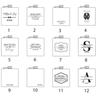 Heupfles Designkaart met 12 Unieke Designs voor Gepersonaliseerde Best Man Gravure