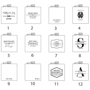 Heupfles Designkaart met 12 Unieke Designs voor Gepersonaliseerde Best Man Gravure