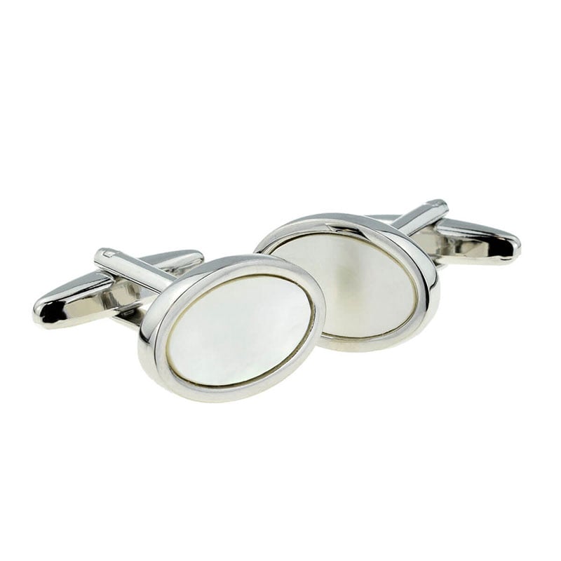 Oval White Mother of Pearl Design Rhodium Plated Cufflinks