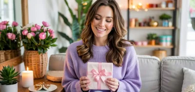 Jarige vrouw Die haar cadeautje ontvangt en gaat uitpakken