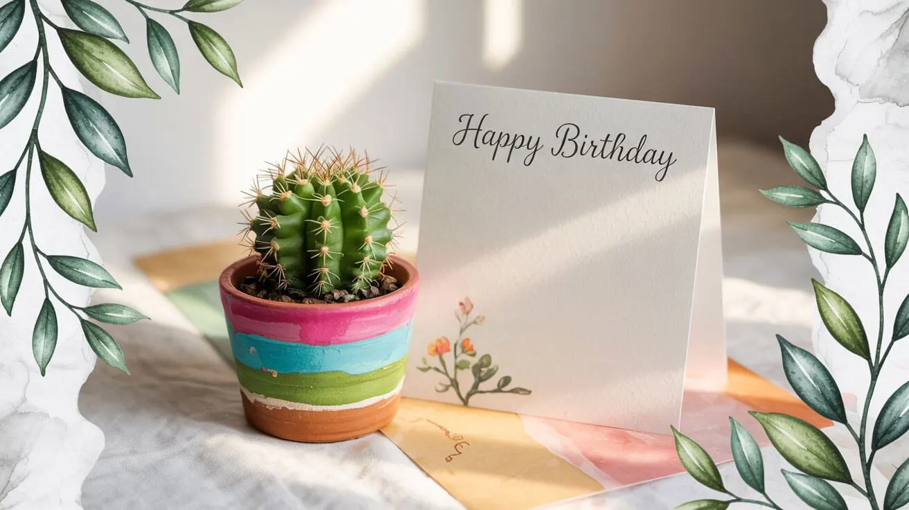 kleine cactus in kleurrijke pot met kaartje