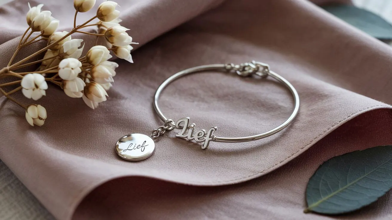 Close-up van een gegraveerde armband op een velvet ondergrond met bloemen, perfect als verjaardagscadeau voor vrouwen