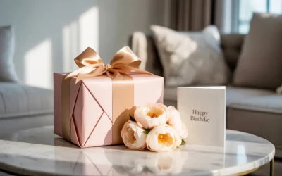 Een luxe verpakt verjaardagscadeau voor een vrouw met gouden lint en witte bloemen.