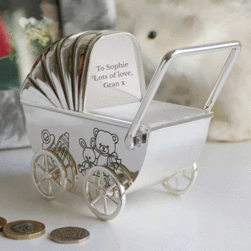 Gepersonaliseerde Zilveren Kinderwagen Spaarpot