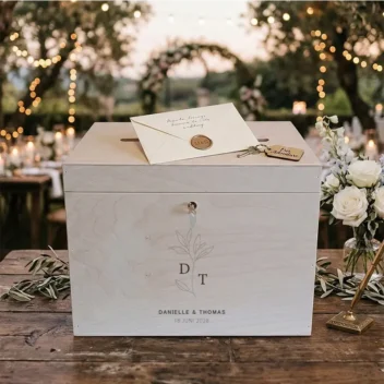 Houten enveloppendoos met slot Danielle gegraveerd met namen en trouwdatum op cadeautafel