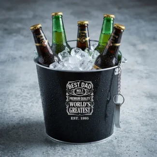 Zwarte metalen bierkoeler No.1 Dad met witte opdruk Best Dad World's Greatest en EST. 1995, gevuld met Hertog Jan bierflessen op ijs