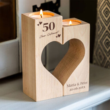 Gepersonaliseerde Hart van Liefde Theelichthouder Set voor huwelijksjubileum, hartvormige kaarshouders van beukenhout met gravure