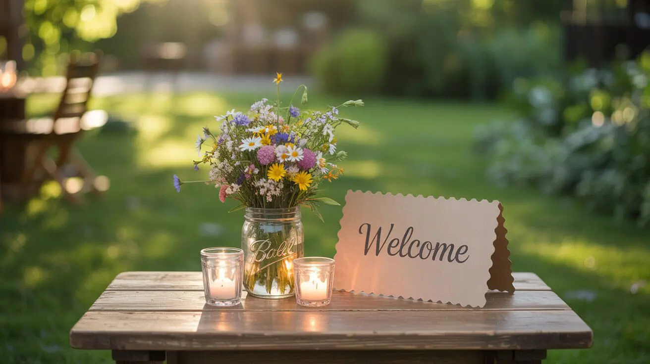 DIY-decoraties voor een Pinterest bruiloft, met wilde bloemen, kaarsen en handgeschreven naamkaartjes.