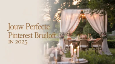 Romantische Pinterest bruiloft tuinsetting met canopy, wicker stoelen en kaarsen voor een droomhuwelijk in