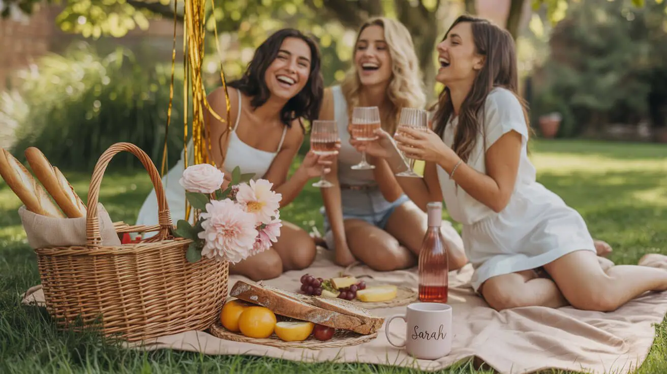 Budgetvriendelijke vrijgezellenfeest picknick in een tuinsetting, geïnspireerd door Pinterest, met slingers en gepersonaliseerde mokken