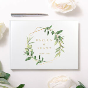 Gastenboek bruiloft Greenery Bliss geometrisch goud aquarel bladeren wit hardcover