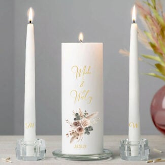 Boho Blush trouwkaarsen set met pampasgras en roze details 3-delig