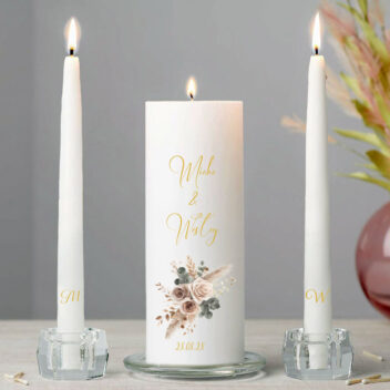 Boho Blush trouwkaarsen set met pampasgras en roze details 3-delig