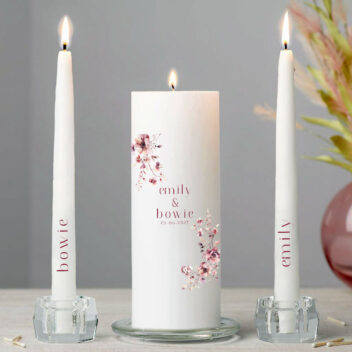 Gepersonaliseerde bordeaux kaarsen bruiloft set 3-delig paraffine
