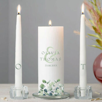 Gepersonaliseerde trouwkaars set eucalyptus 3-delig botanisch ontwerp