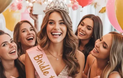 Banner met een bruid in een tiara en vrienden, versierd met ballonnen en een feestelijke achtergrond, voor een vrijgezellenfeest