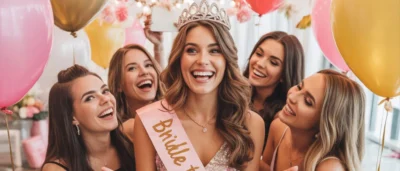 Banner met een bruid in een tiara en vrienden, versierd met ballonnen en een feestelijke achtergrond, voor een vrijgezellenfeest organiseren door Gifts & Weddings.