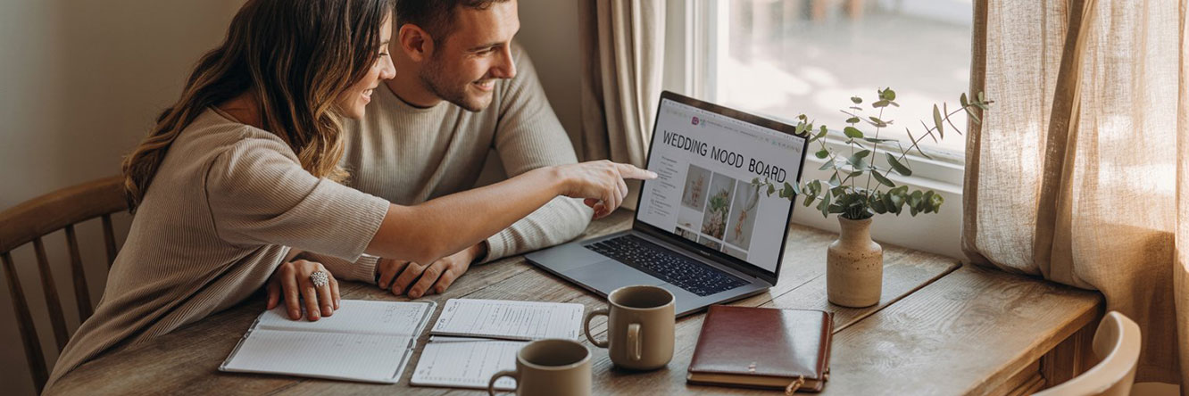 Gelukkig verloofd stel plant hun bruiloft aan een houten tafel met een laptop, checklist en koffie, als start van hun bruiloftplanning.