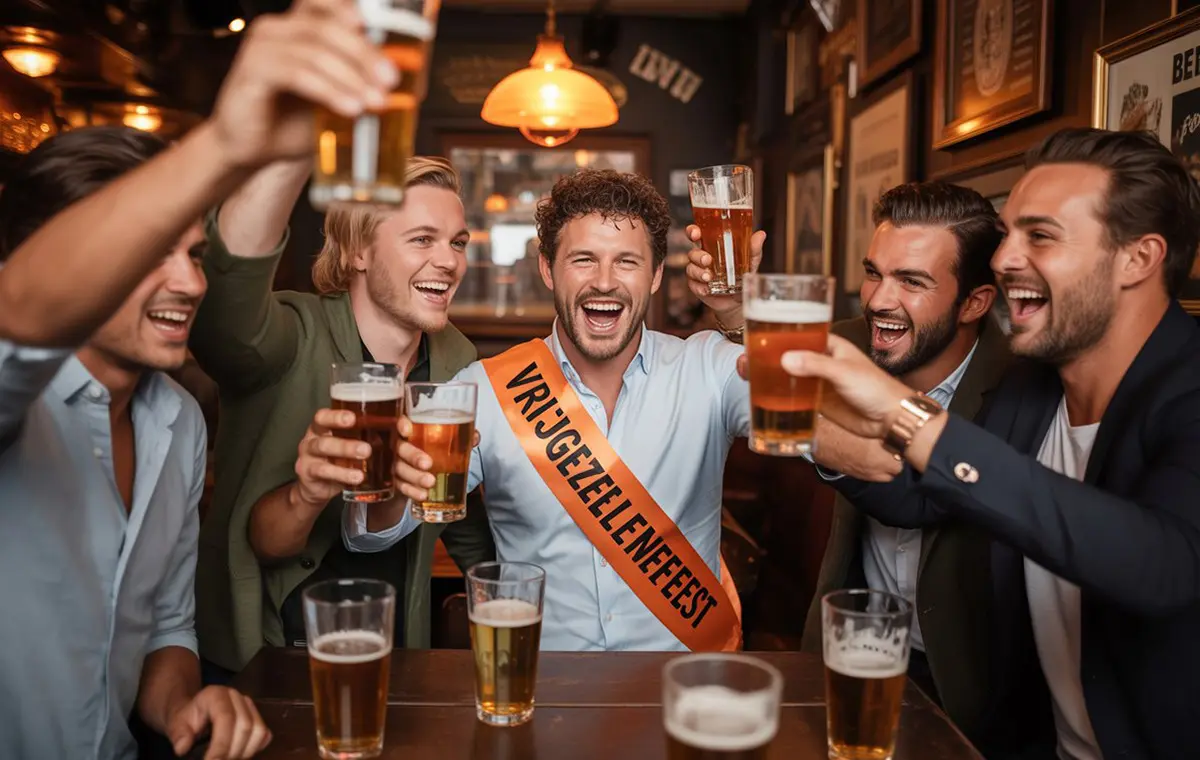 Vrienden proosten samen in een bar op de vrijgezellen avond van de aan komende bruidegom. 