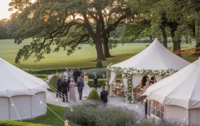 Bruiloft buiten met witte tenten, bloemendecoratie en gasten bij zonsondergang op een landgoed
