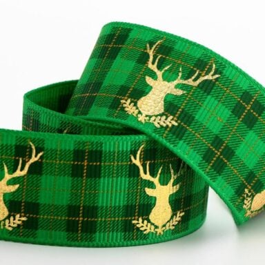 Schotse Ruit Grosgrain Lint Groen met Goudfolie Rendieren