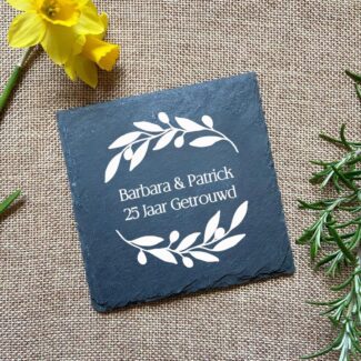 Leisteen Onderzetters in Bamboe Box - Set van 6 als Gepersonaliseerd Jubileum Cadeau