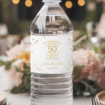 "360° waterfles label voor 50-jarig huwelijk met gouden logo