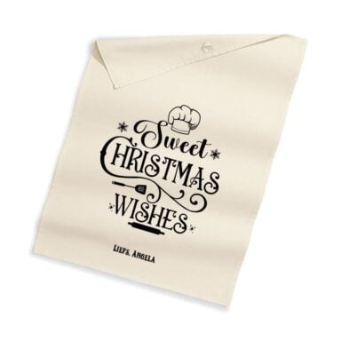 Theedoek van 100% biologisch katoen met "Sweet Christmas Wishes" print en ruimte voor persoonlijke tekst