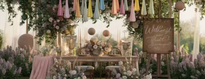 Romantische bruiloftbanner met slingers, kaansen, bloemen en welkomstborden, perfect voor huwelijksartikelen makkelijk plannen.