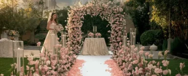 Romantische bruiloftbanner met gepersonaliseerde loper, rozenblaadjes, kaarsen en bloemenmandjes, perfect voor een persoonlijke ceremonie.