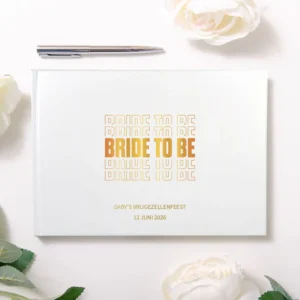 Gepersonaliseerd vrijgezellenfeest gastenboek gouden Bride to Be design met naam en datum