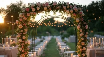 Bloemenboog met kaarsen op een trouwlocatie buiten in een park